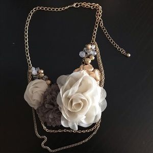 Fabric Dimensional Flowers and Chains Necklace